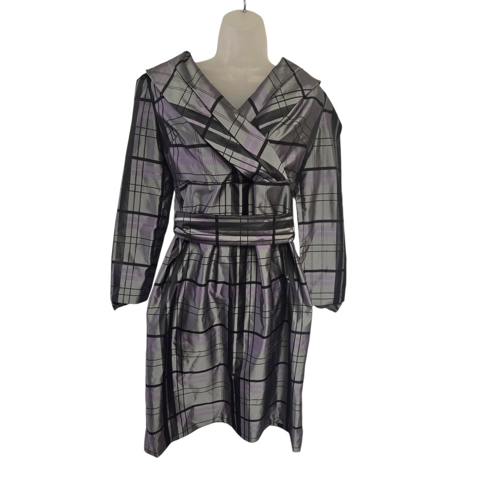 Stacy Adams Womens Silver Purple Plaid Portrait Collar Cocktail Dress Size 6